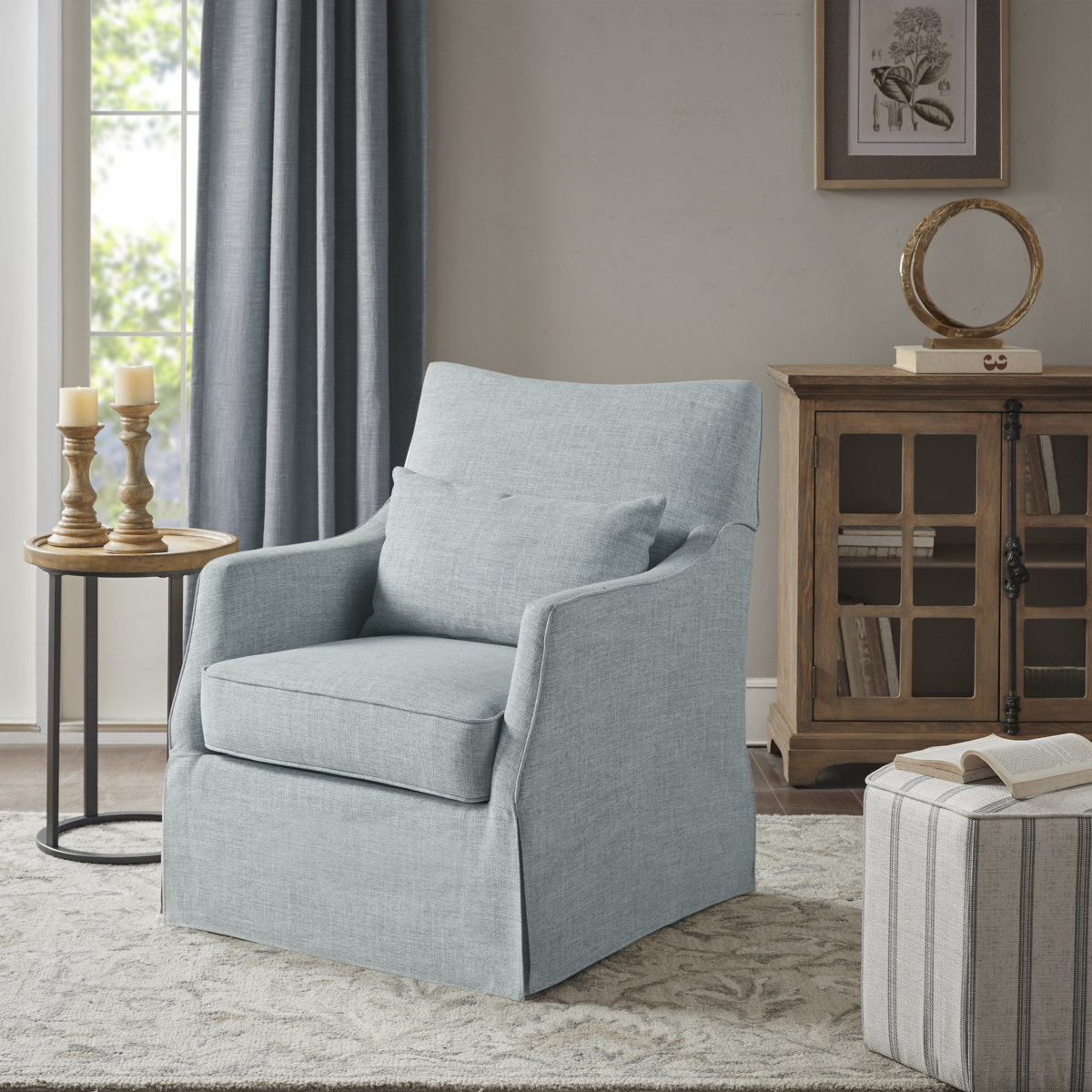 Bedford London Upholstered Skirted Swivel Armchair with Lumbar Pillow